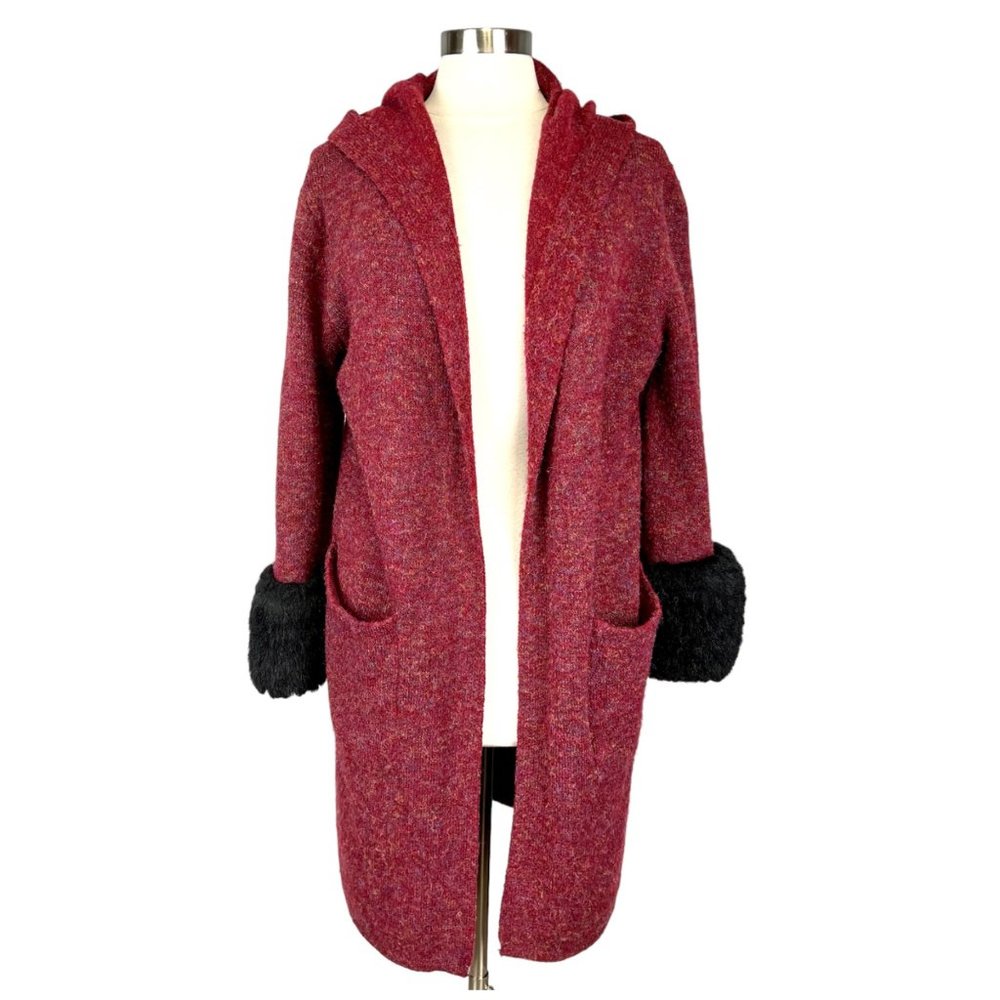 P Luca Milano Womens Burgundy Hooded Cardigan Sweater Jacket Faux Fur Cuffs sz L